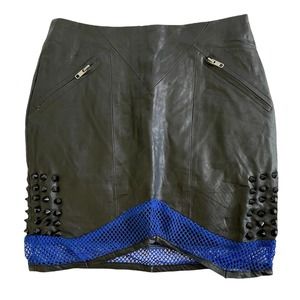 Anthropologie X English Rose, faux leather black and blue skirt
